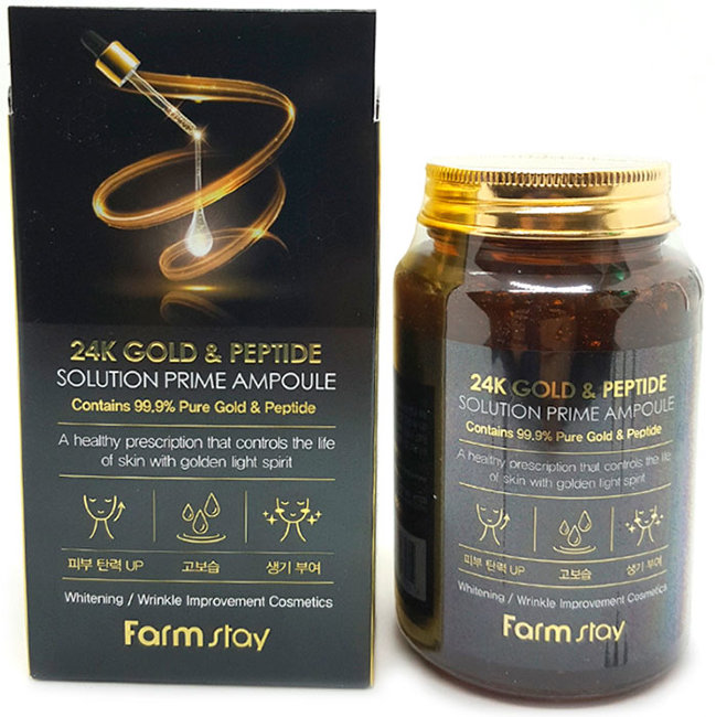 FARMSTAY – Многофункциональная ампульная сыворотка с золотом и пептидами 24K GOLD & PEPTIDE SOLUTION PRIME AMPOULE [250ml]